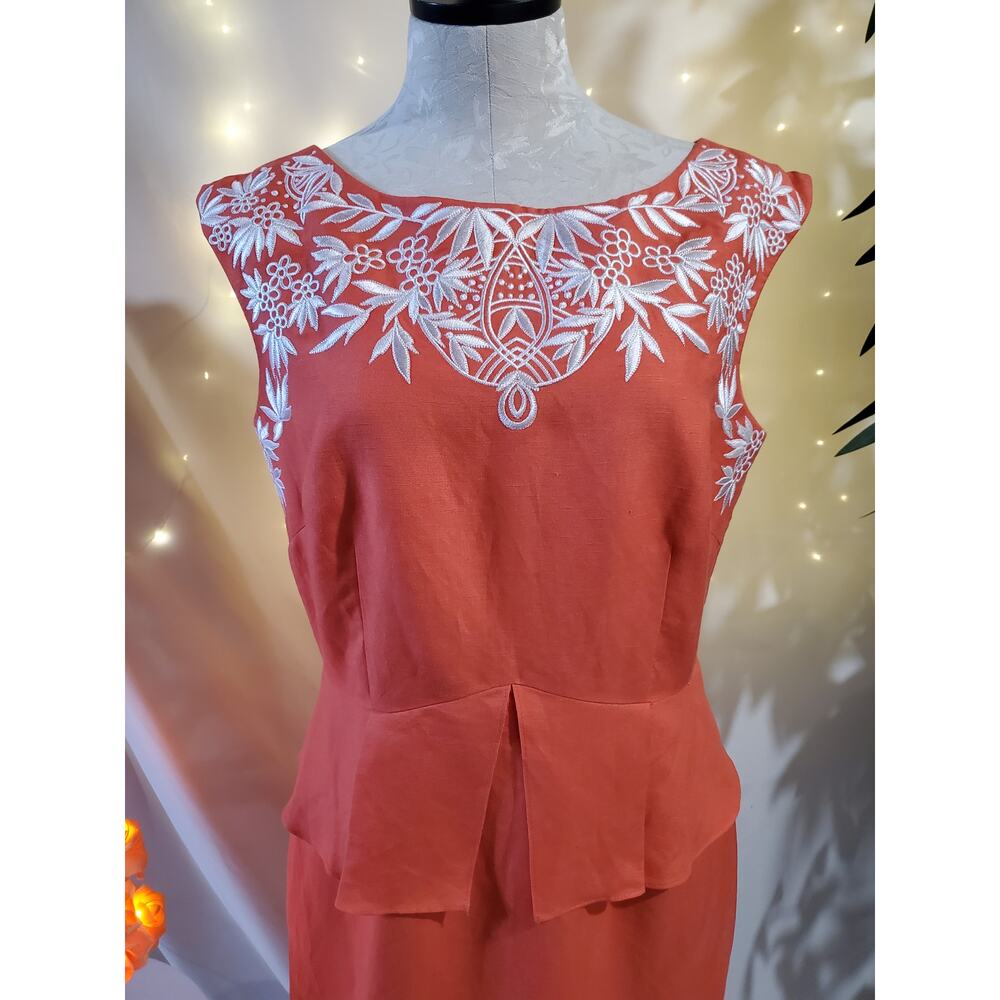 Antonio Melani Women's Peplum Dress Size 10 Embroidered Floral Linen/Rayon Coral - Picture 6 of 11